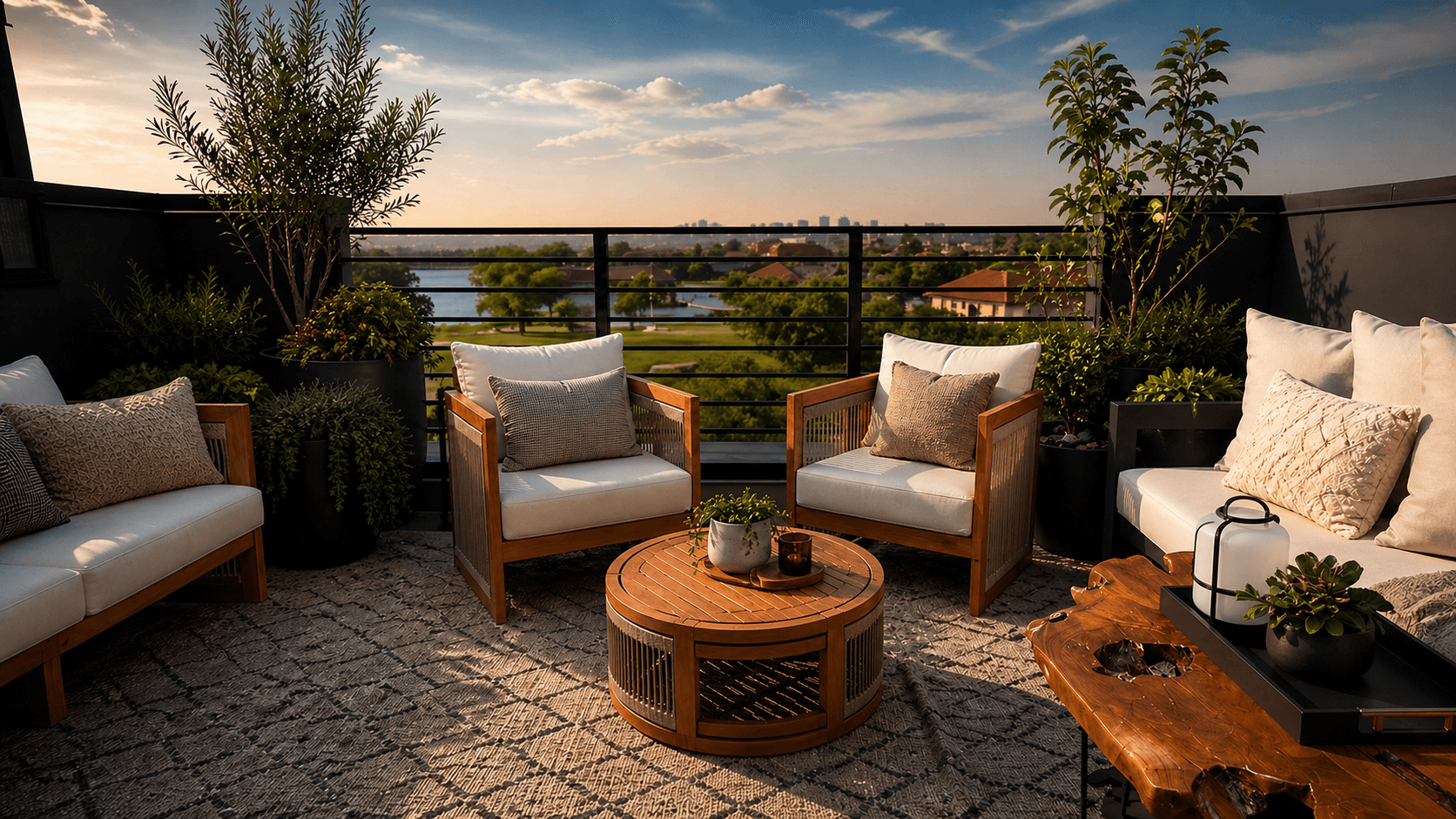 The Pond & Perch rooftop overlooking the reservoir and skyline.