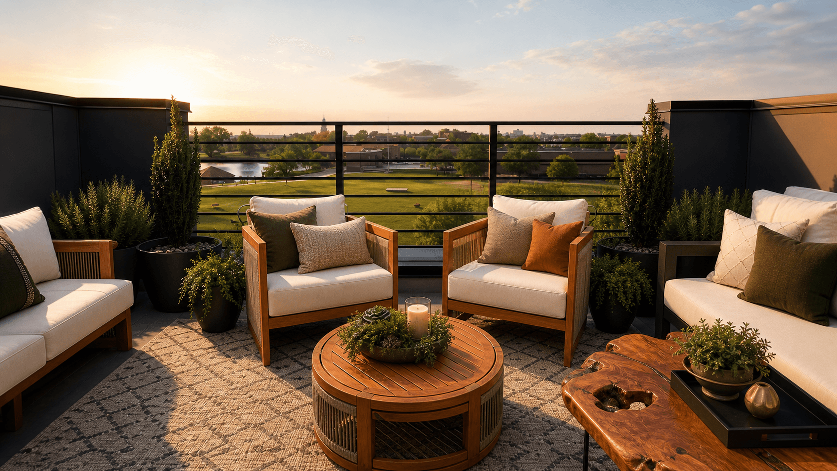 The Pond & Perch rooftop at golden hour, overlooking a reservoir and the Washington, DC skyline.